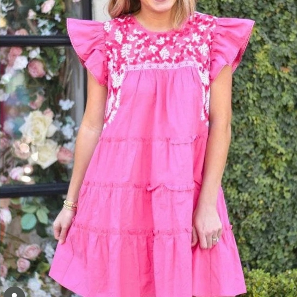 Pink Embroidered Flutter Sleeve Mini Dress